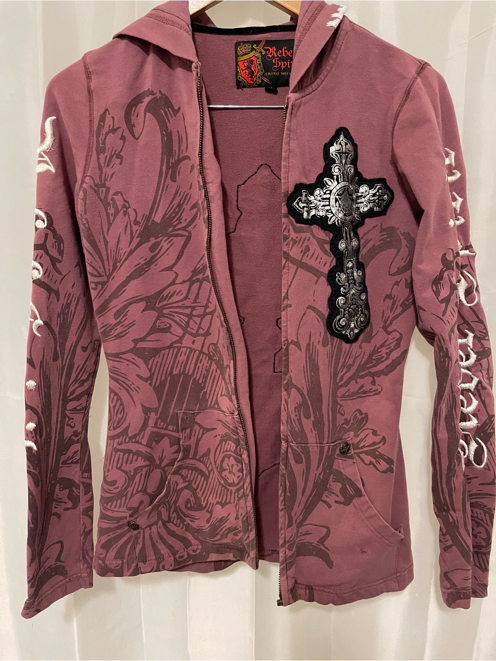 Rebel Spirit Purple Graphic Zip Hoodie with Cross Patch with missing zipper